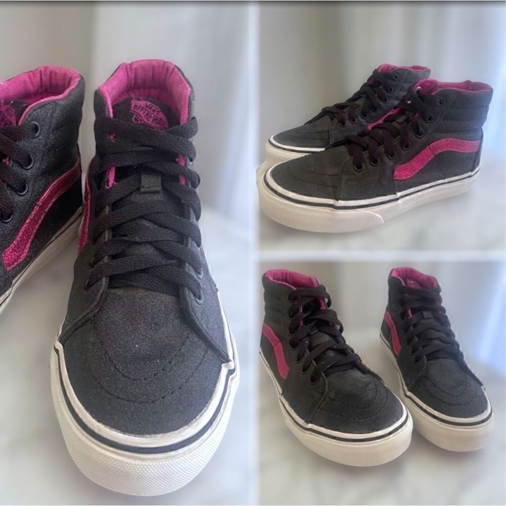 Vans Sk8-Hi Black And Pink Glitter High Top Sneakers Kids size 2.5